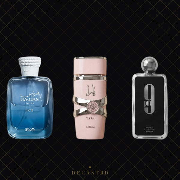 Best-Sellers Combo โ three perfume decants on the DecantBD brand background