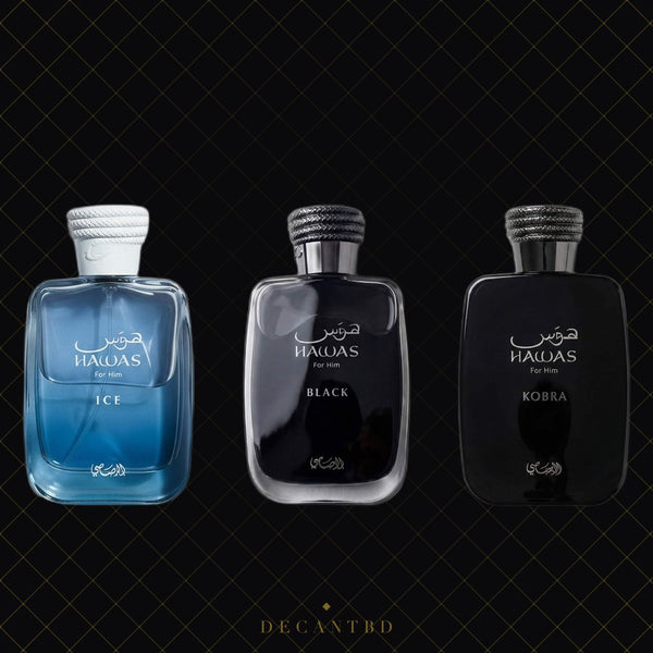 Hawas Trio Combo — three perfume decants on the DecantBD brand background