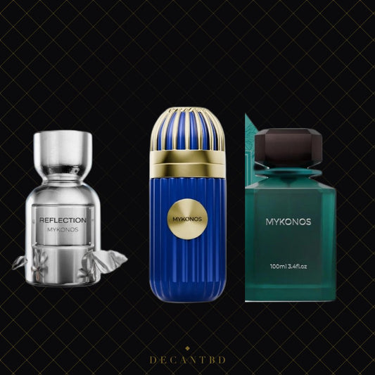 Mykonos Combo — three perfume decants on the DecantBD brand background
