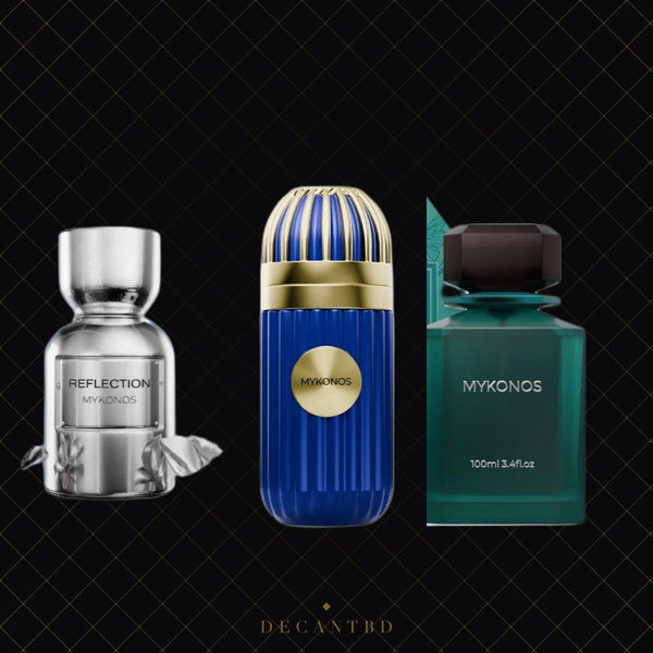 Mykonos Combo — three perfume decants on the DecantBD brand background