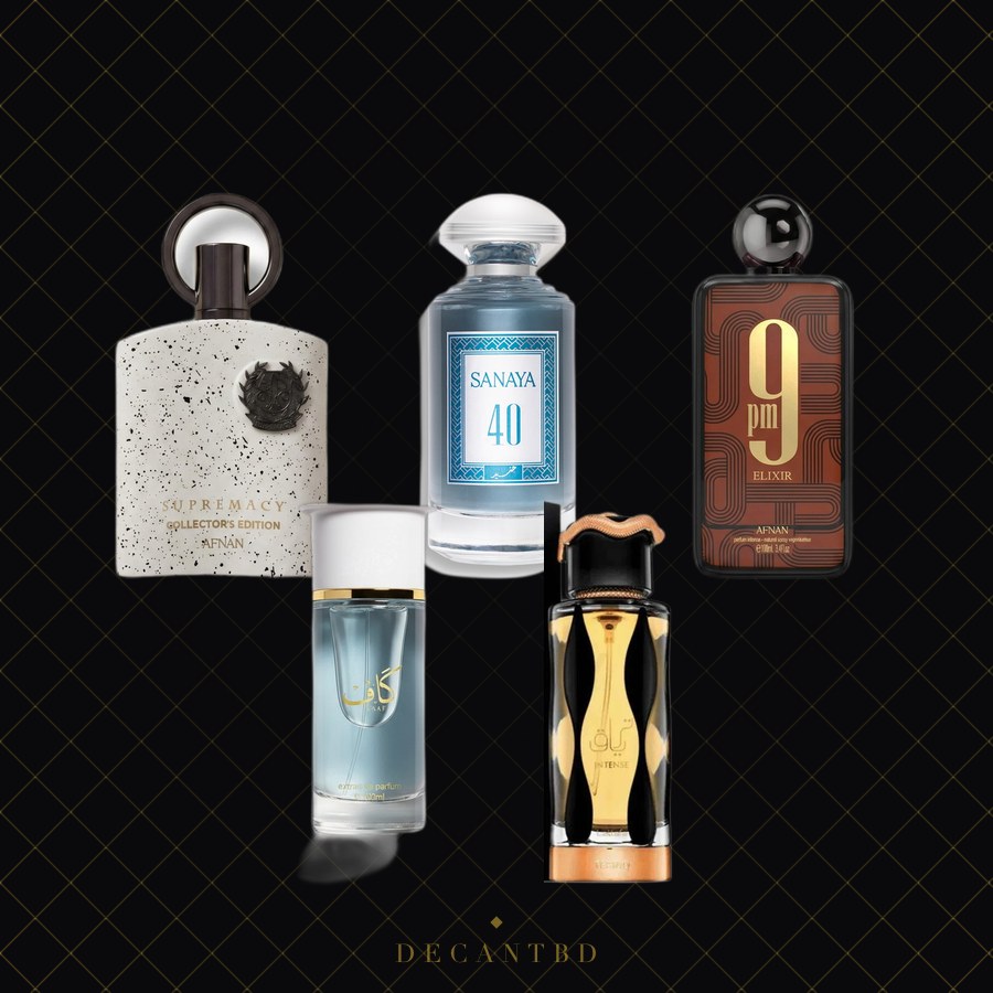 Premium All Weather Collectors Combo — five perfume decants on the DecantBD brand background